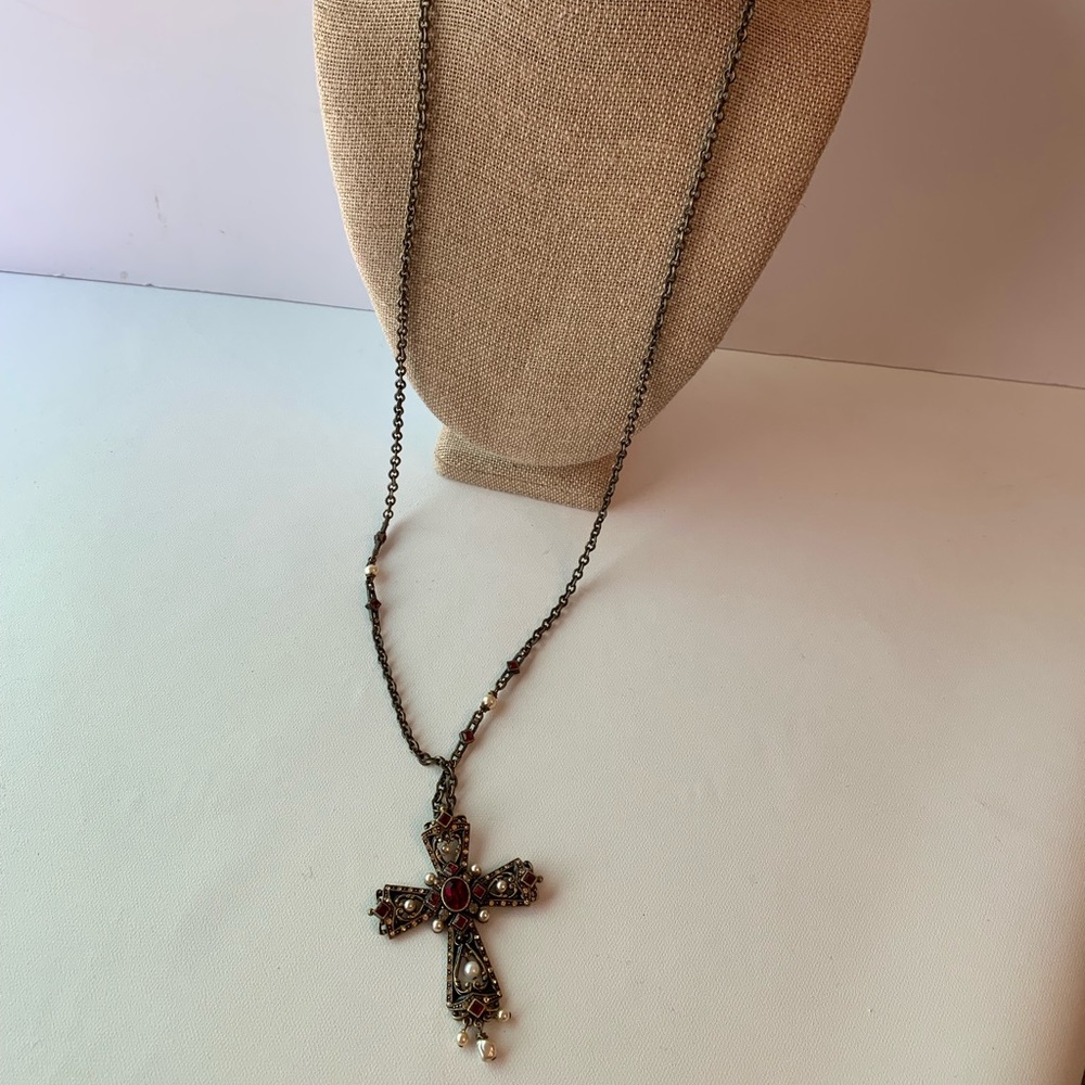 Extra Long Cross Necklace with Red Stones!